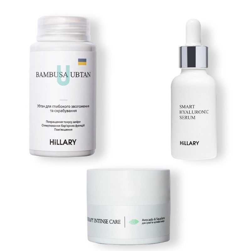 Крем Corneotherapy Intense Сare Avocado & Squalane сухої і чутливої ​​шкіри. Убтан для глибокого зволоження та скрабування Hillary BAMBUSA UBTAN. Сироватка HILLARY SMART HYALURONIC зволожує глибокі шари шкіри, діє як протизапальний агент.