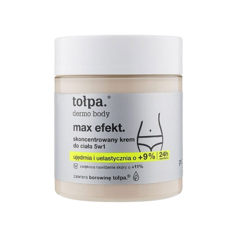 Крем для тіла 5 в 1 з концентрованим кремом Dermo Body Max Efekt бренду Tolpa. Він зміцнює та підтягує шкіру, запобігає утворенню розтяжок і сповільнює процеси старіння.